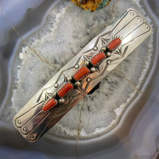 Native American Sterling Silver 5 Coral Stamped Hair Barrette For Women #2