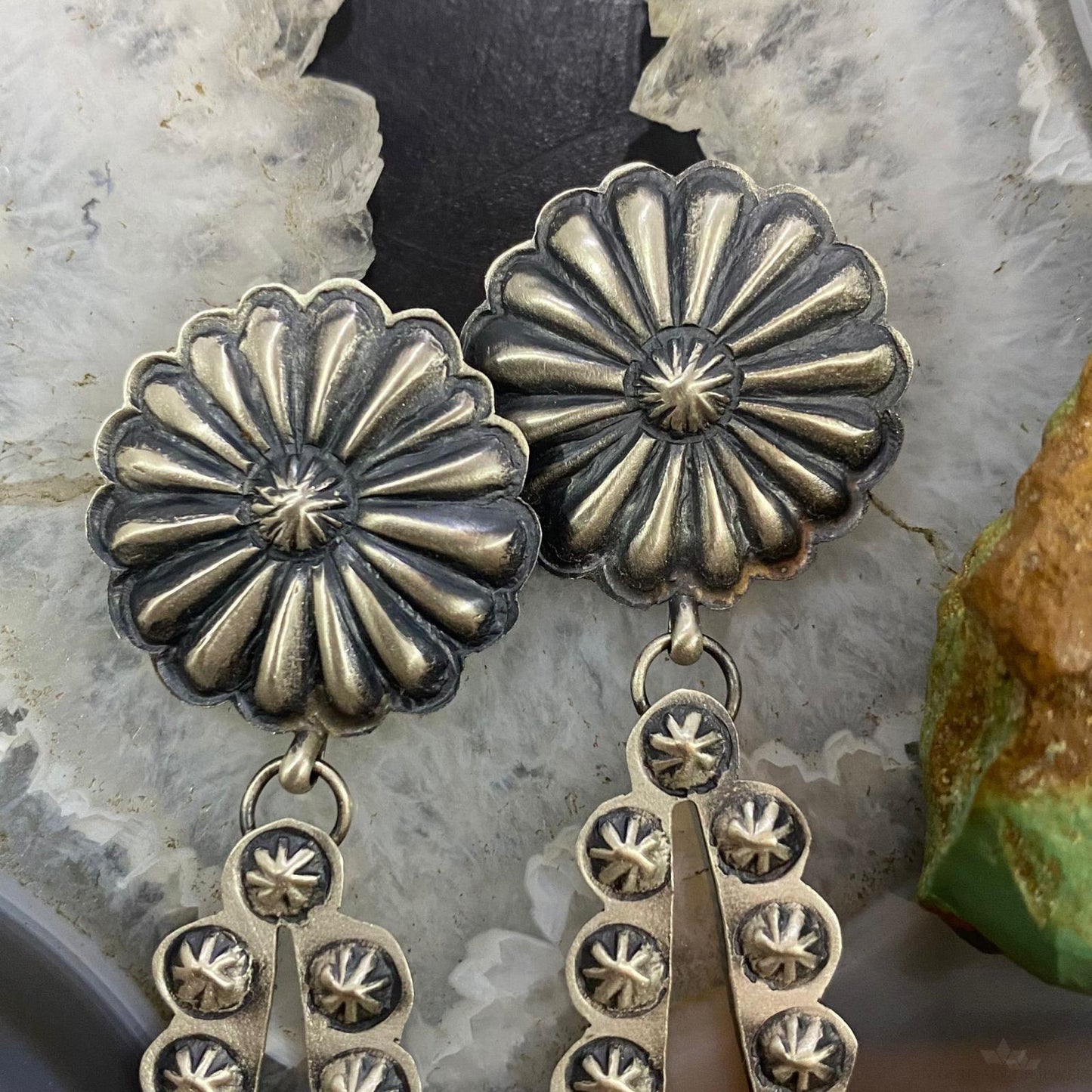 Eugene Charley Sterling Silver Repousse and Stamped Long Concho Post Earrings For Women