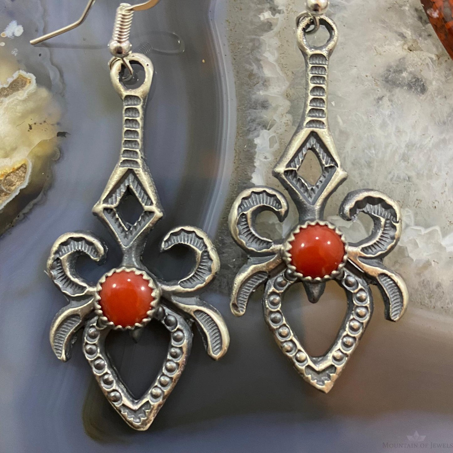 Kevin Billah Stamped Sand Cast w/Coral Sterling Silver Dangle Earrings For Women