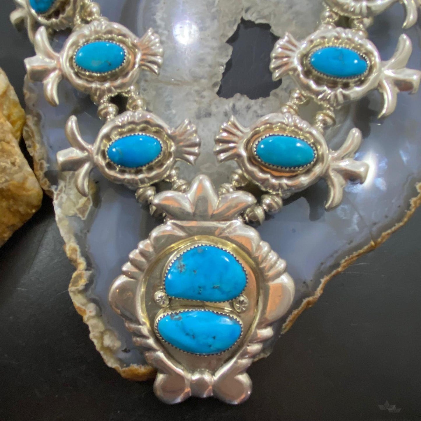 G & L Leekity Native American Vintage Sterling Silver Turquoise Squash Blossom Necklace