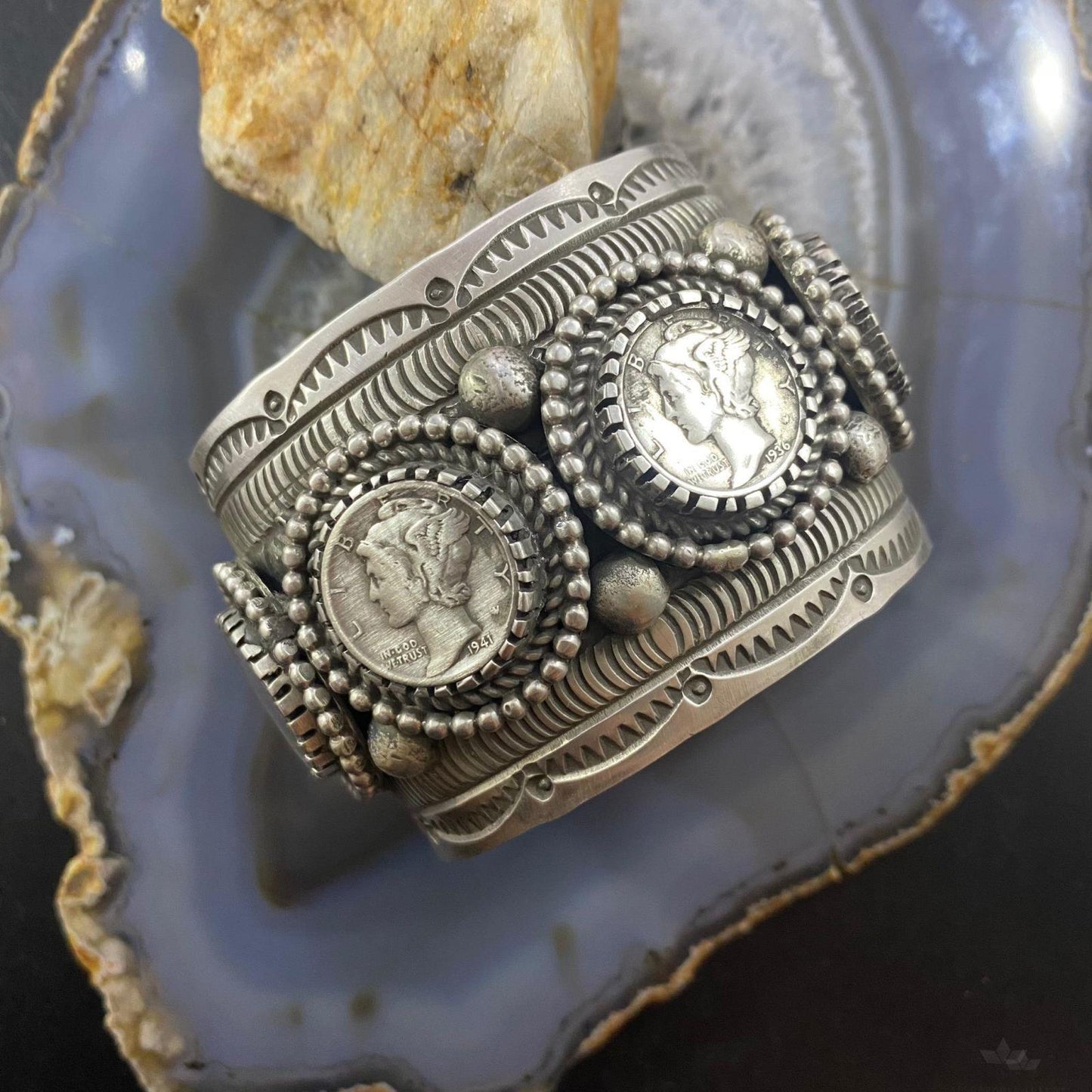 Alex Sanchez Native American Sterling Silver 4 Mercury Dimes Solid Decorated Bracelet For Women