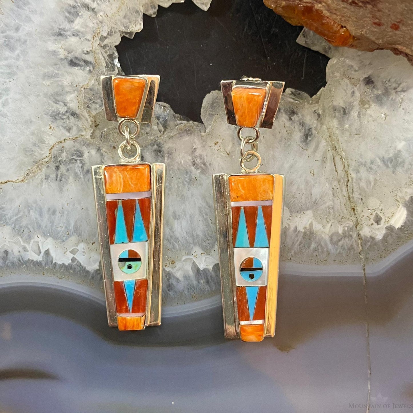 Raylan & Patty Edaakie Zuni Sterling Silver Multi Stone Inlay Dangle Earrings For Women #1