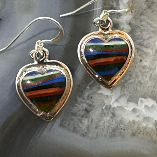 Native American Sterling Silver Rainbow Calsilica Heart Dangle Earrings For Women