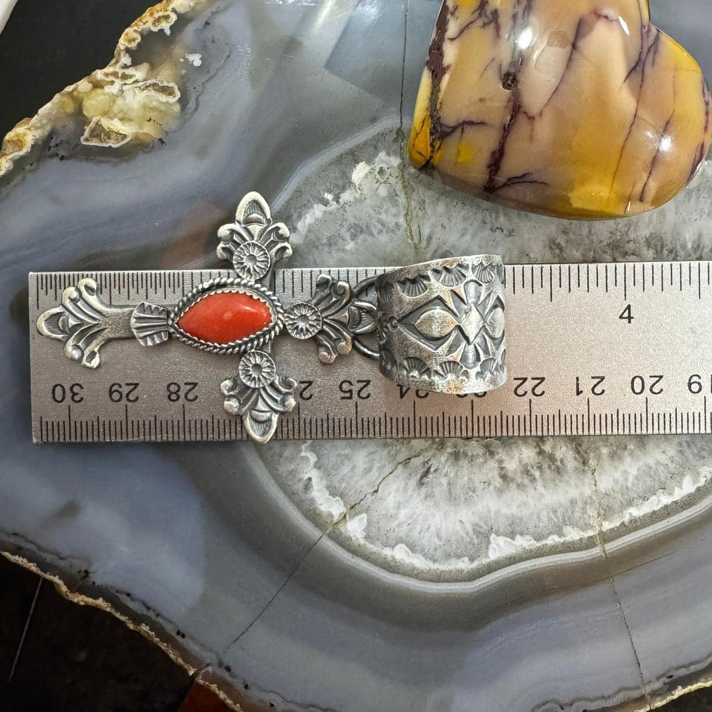 Kevin Billah Native American Sterling Silver Coral Decorated Unisex Cross Pendant #1