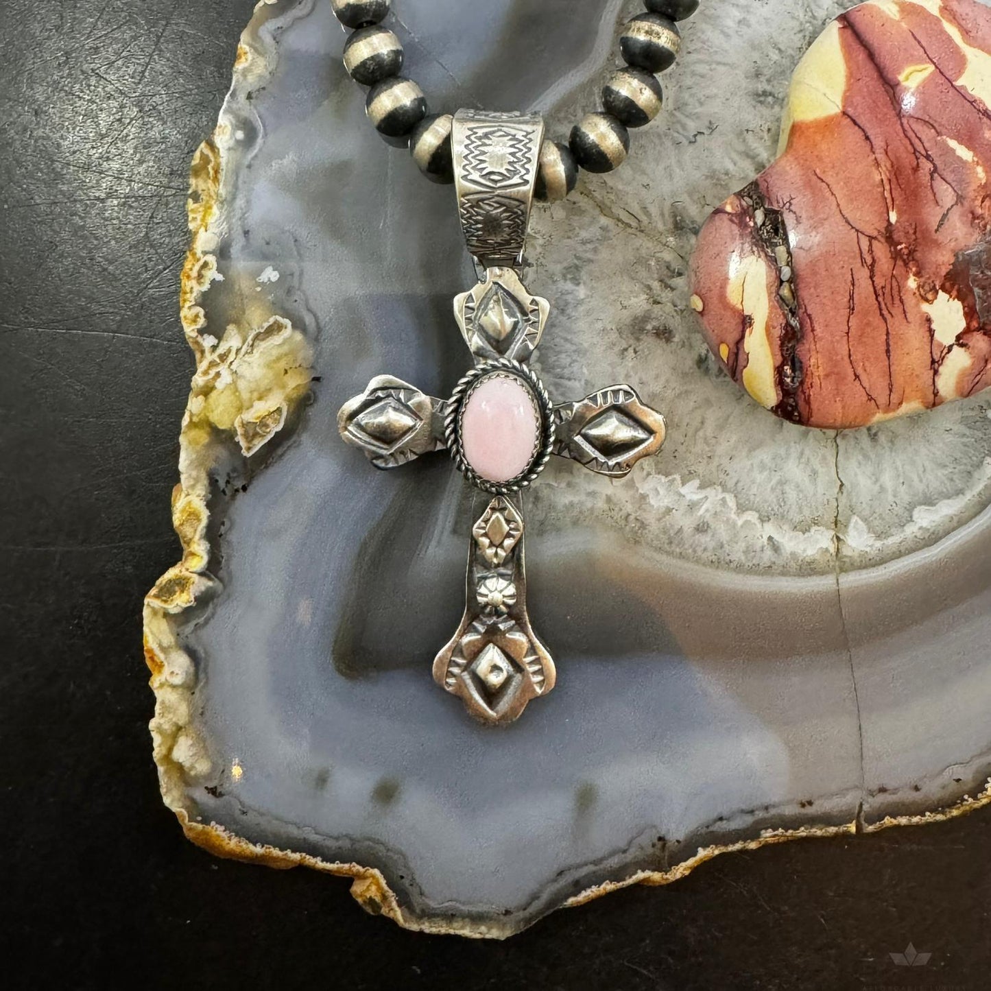 Richard Yazzie Native American Sterling Silver Pink Conch Shell Decorated Unisex Cross Pendant #1