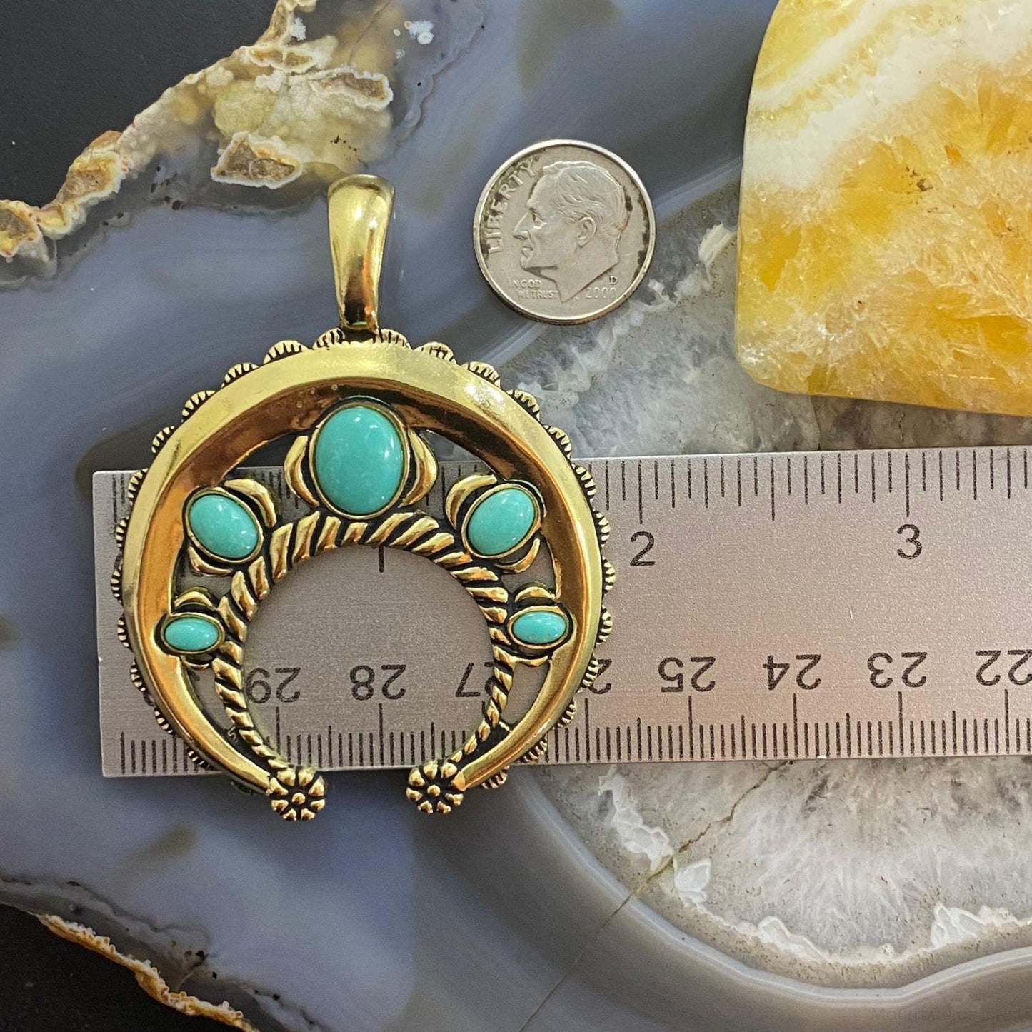 Carolyn Pollack Southwestern Style  Brass 5 Turquoise Decorated Naja Enhancer Pendant For Women