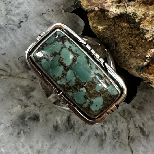 Native American Sterling Silver Chinese Turquoise Rectangle Bar Ring Size 8.5 For Women