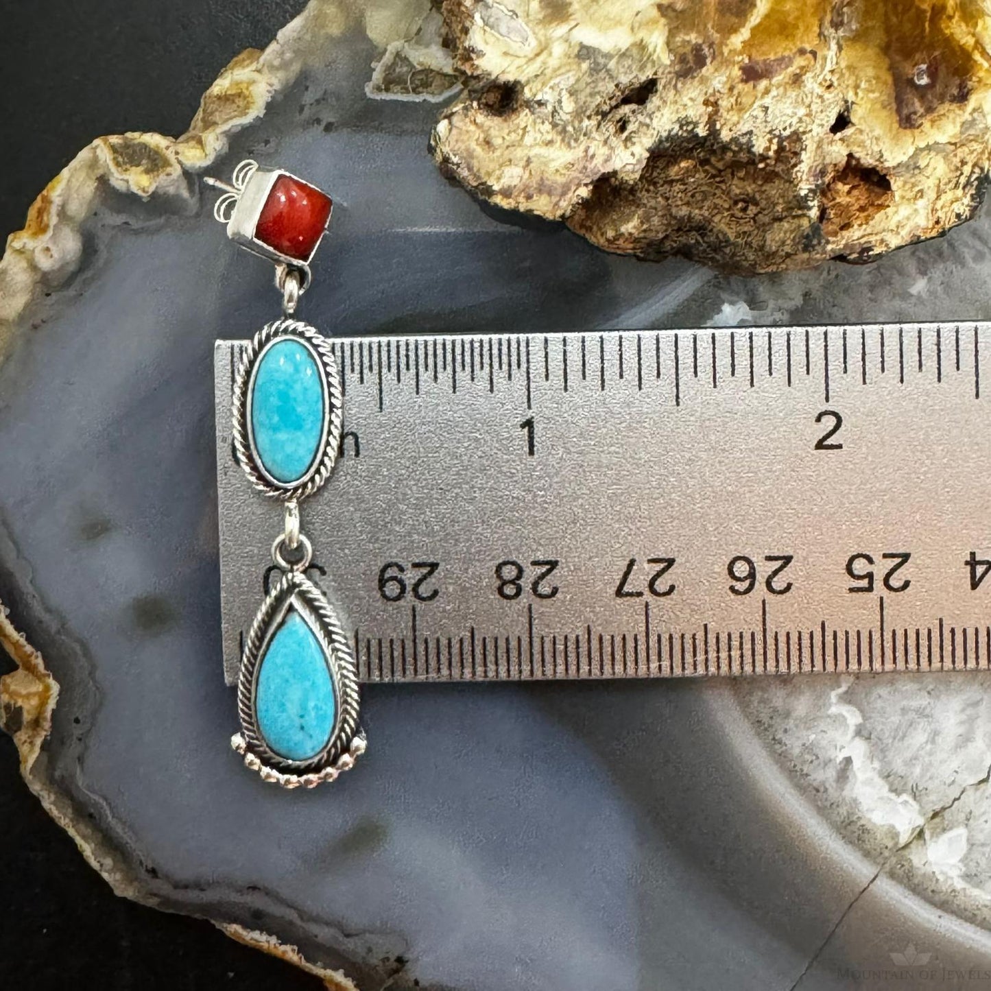 Verley Betone Sterling Silver Coral & 2 Turquoise Decorated Dangle Earrings For Women