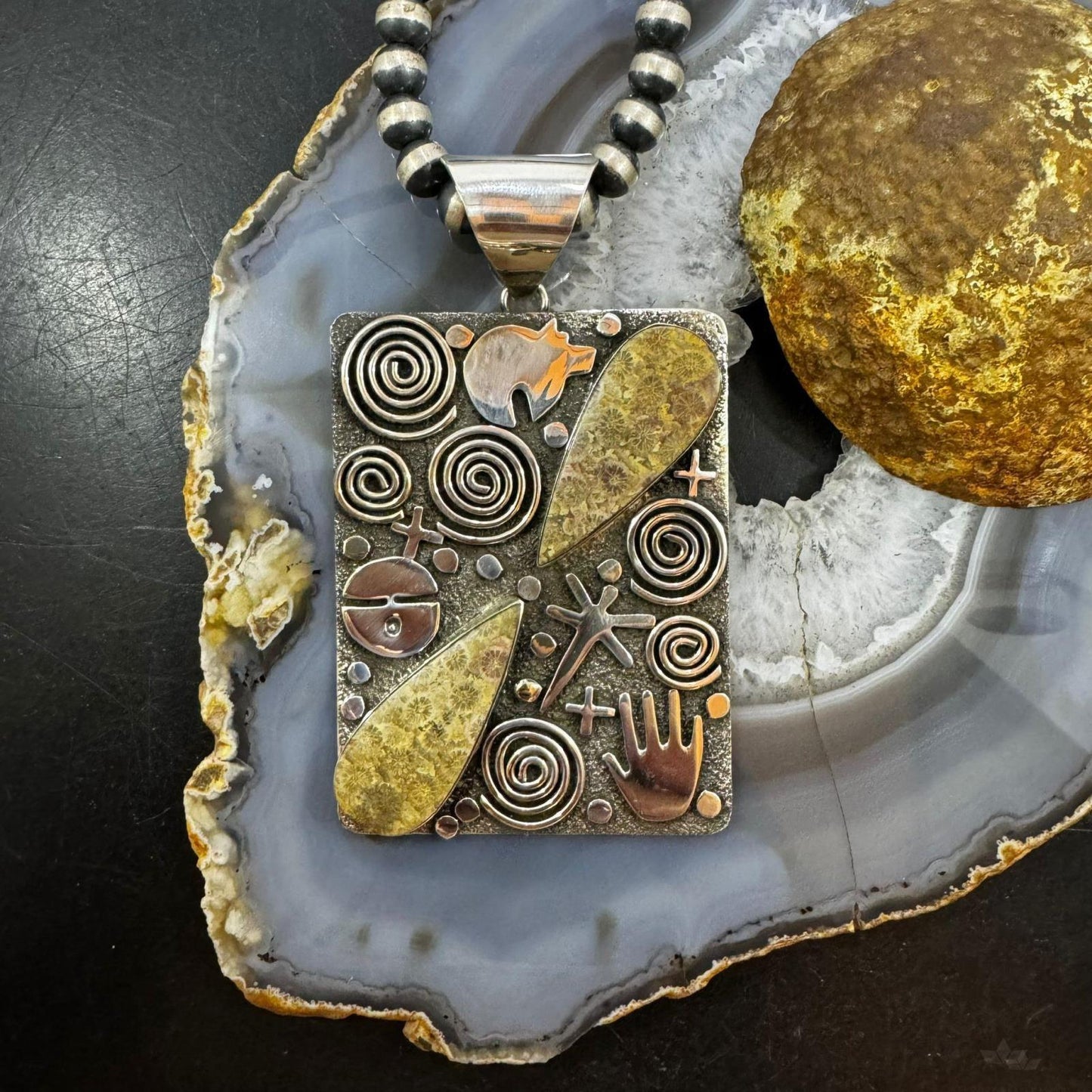 Alex Sanchez Native American Sterling Silver 2 Teardrop Fossilized Coral Rectangle Petroglyph Pendant