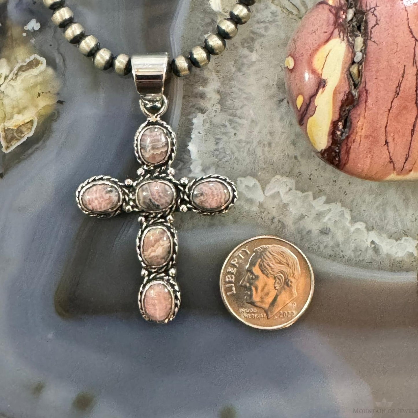 Native American Sterling Silver Rhodochrosite Decorated Cross Pendant For Women #1