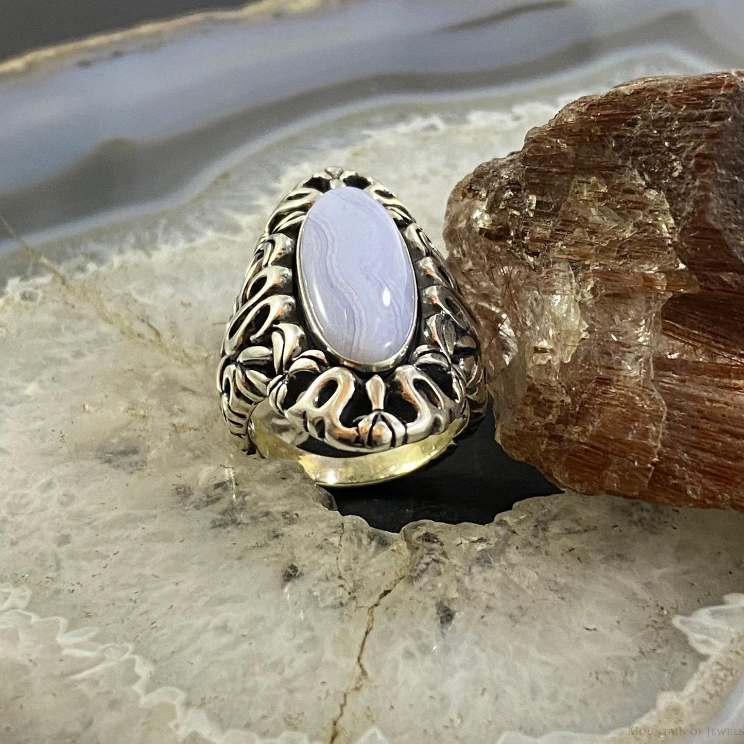 Carolyn Pollack Southwestern Style Sterling Silver Elongated Oval Blue Lace Agate Ring Size 6.5 For Women