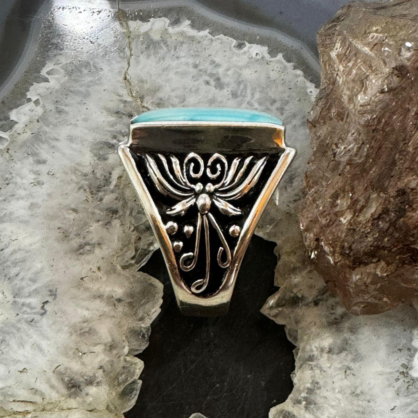 Native American Sterling Silver Rectangle Blue Ridge Turquoise Shield  Ring Size 12.5 For Men