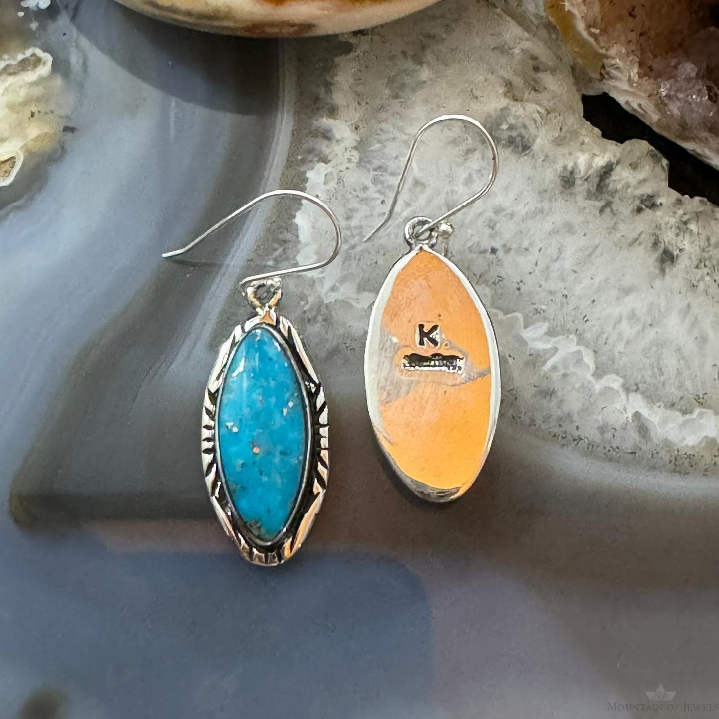 Native American Sterling Silver Marquise Kingman Turquoise Dangle Earrings For Women