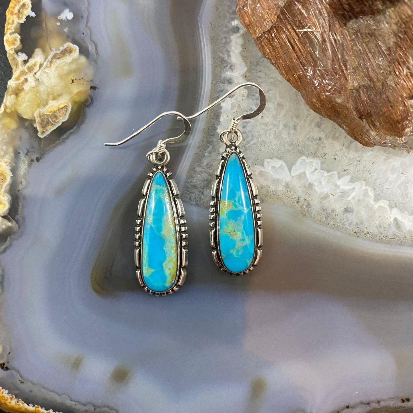 Native American Sterling Silver Teardrop Kingman Turquoise Dangle Earrings For Women