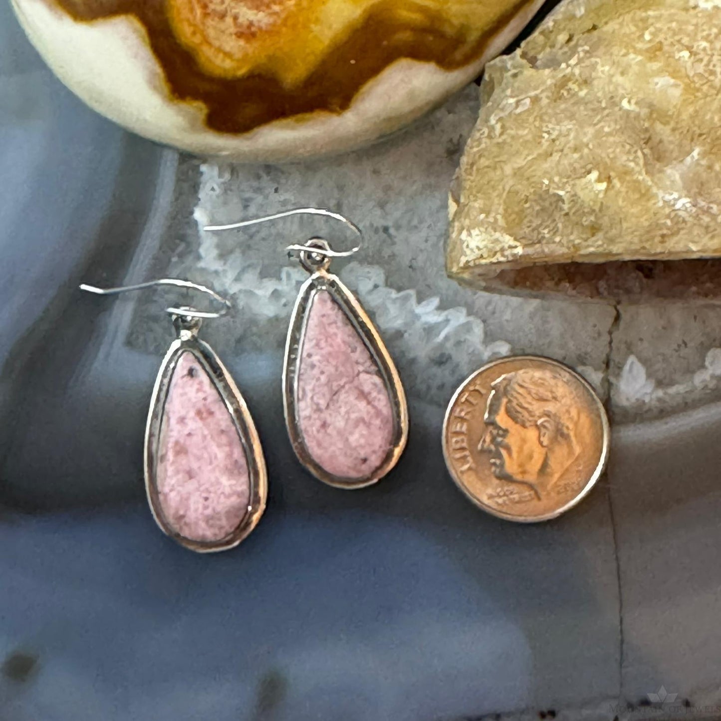 Native American Sterling Silver Teardrop Rhodonite Dangle Earrings For Women