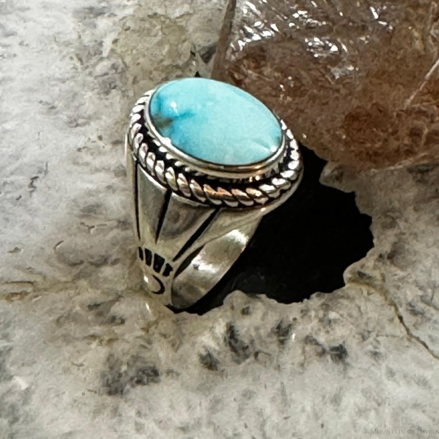 Native American Sterling Silver Oval Blue Ridge Turquoise Shield Ring Size 8.75 For Women