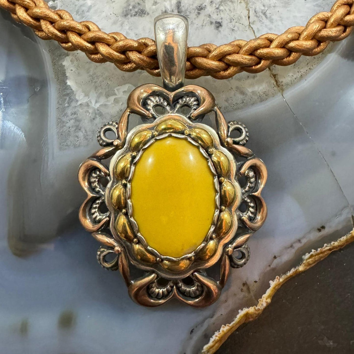 Carolyn Pollack Brass & Copper Oval Yellow Jasper Decorated Enhancer Pendant Set