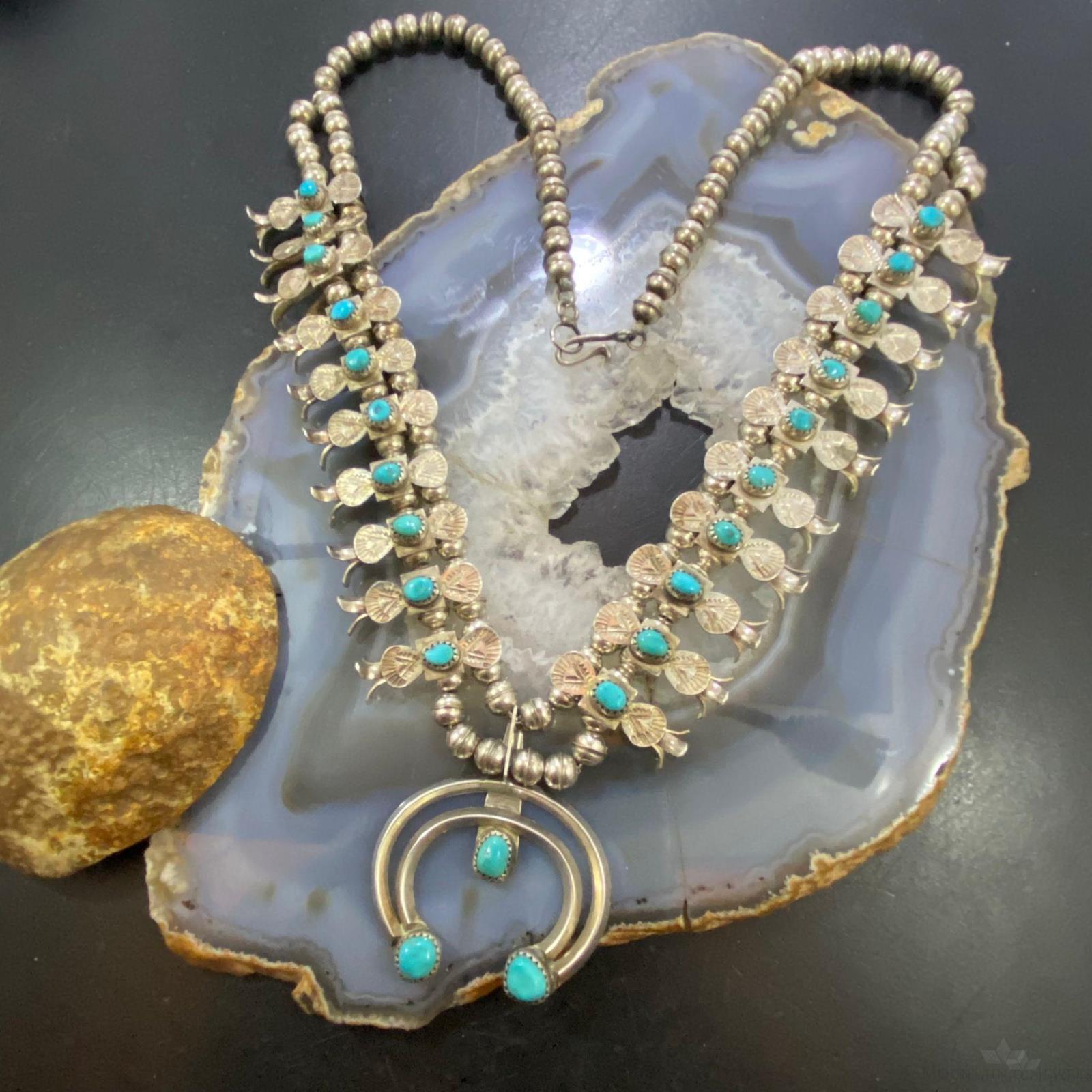Doris Smallcanyon Vintage Silver Kingman Turquoise Squash Blossom Necklace For Women Mountain