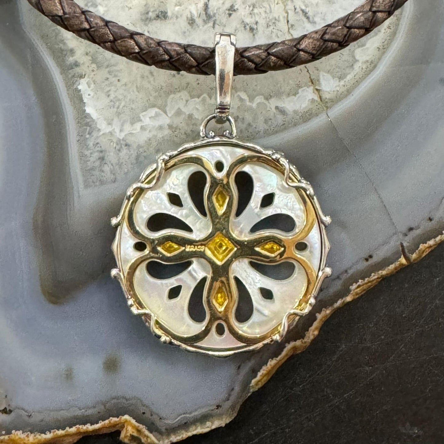 Carolyn Pollack Sterling Silver & Brass Mother of Pearl Floral Cutout Enhancer Pendant For Women