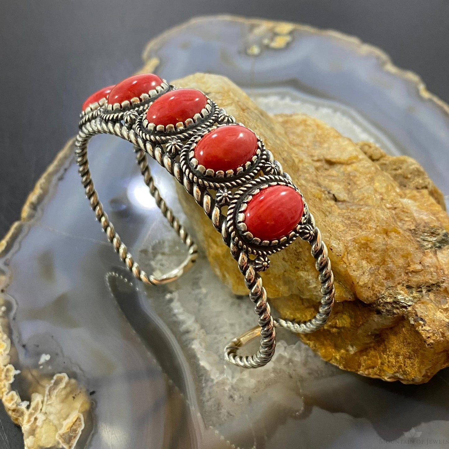 Carolyn Pollack Vintage Southwestern Style Sterling Silver Coral Row Bracelet For Women