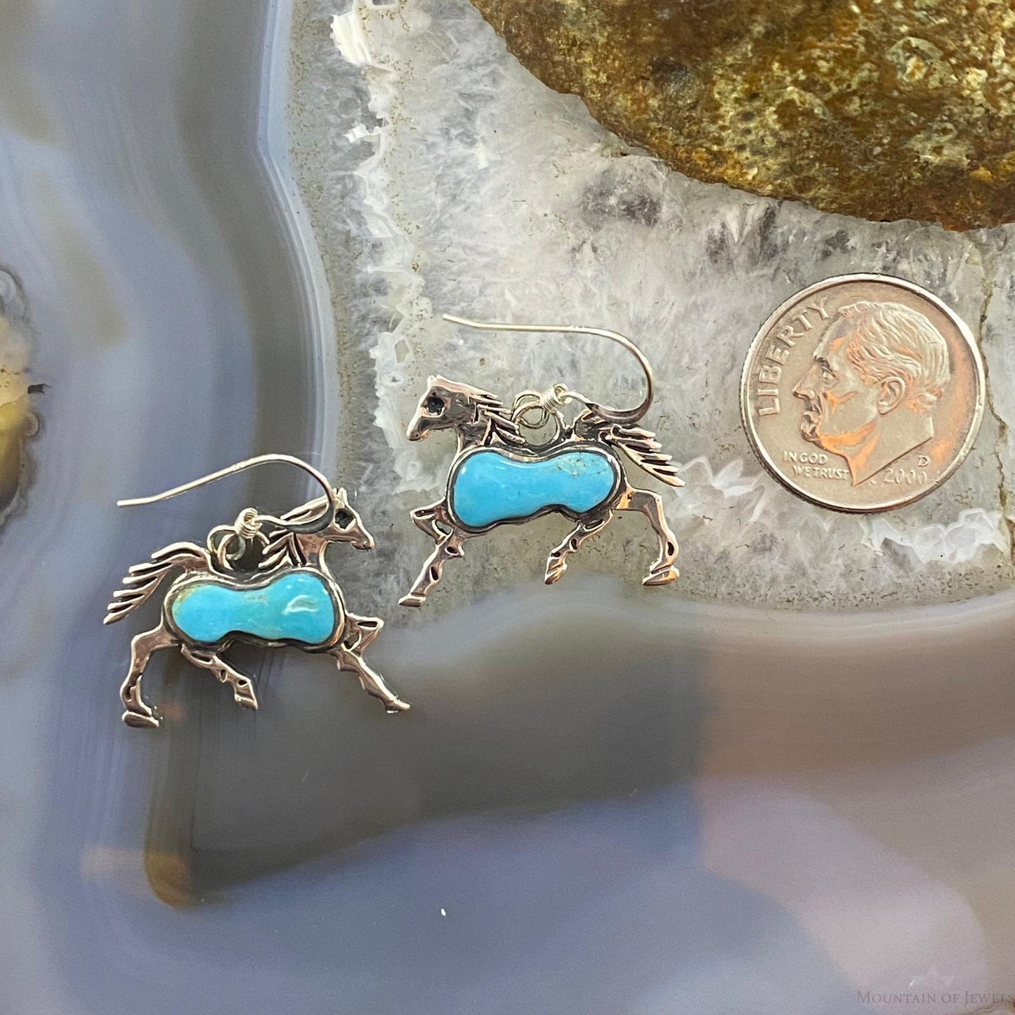 Native American Sterling Silver Blue Turquoise Horse Dangle Earrings For Women