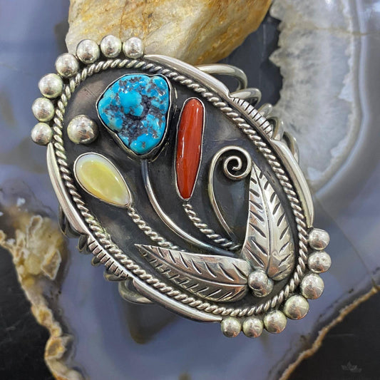 Vintage Native American Silver Kingman Turquoise, Coral, MOP Decorated Bracelet For Women