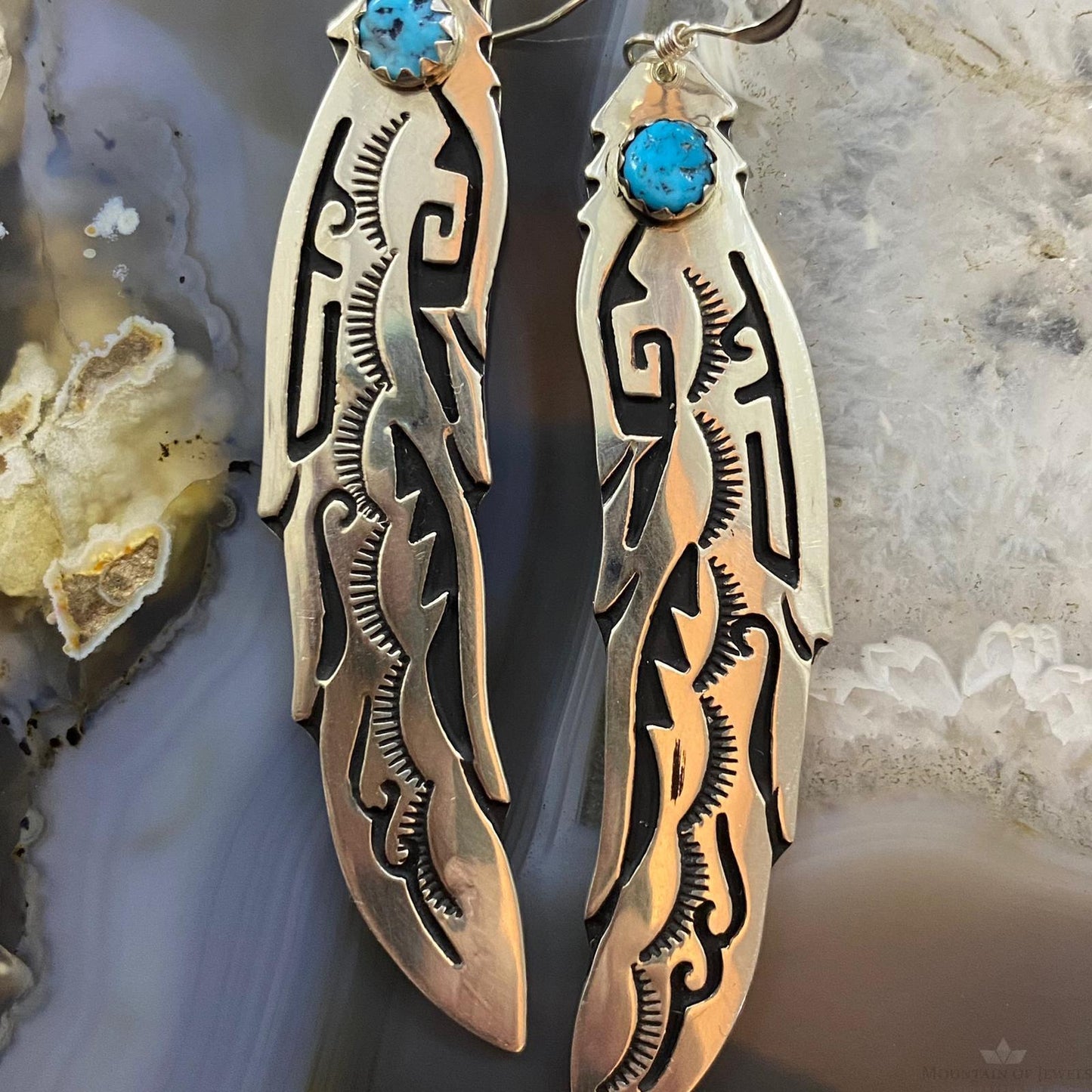 Tommy & Rosita Singer Native American Overlay Feather with Turquoise Sterling Silver Dangle Earrings For Women