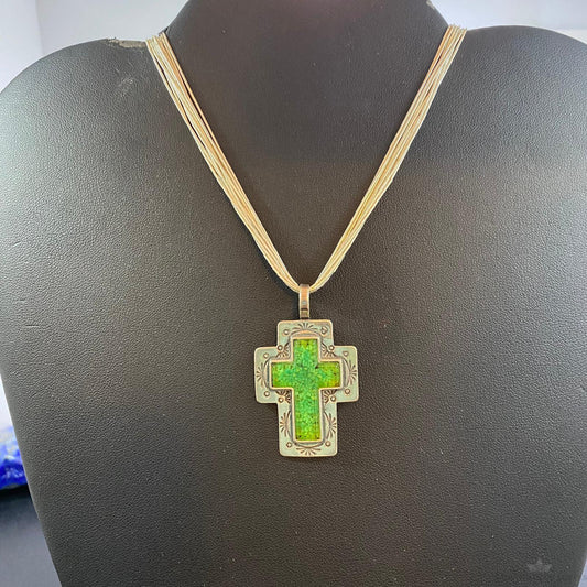 Carolyn Pollack Sterling Silver Green Turquoise Chip Inlay Cross Liquid Silver Necklace For Women