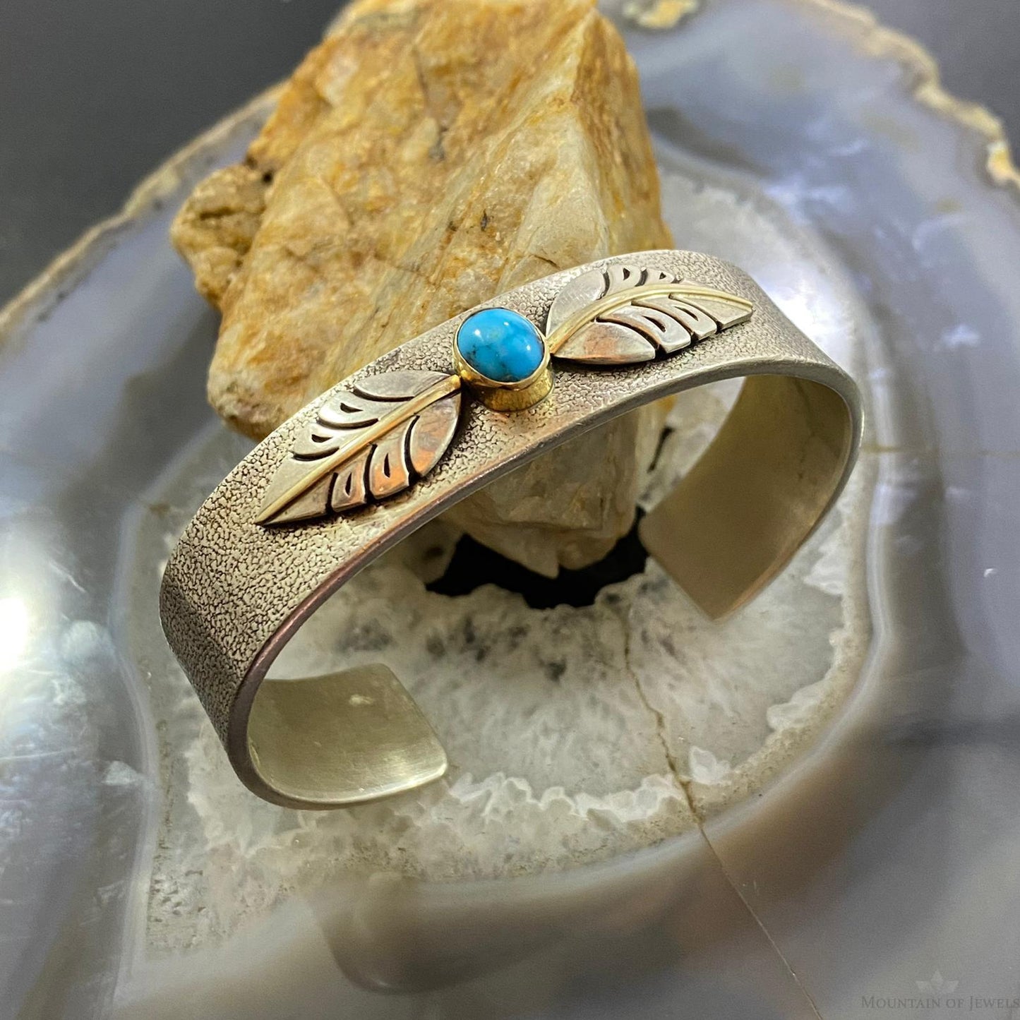 Sally Yazzie Vintage Sterling & 14K Oval Kingman Turquoise Decorated Bracelet For Women