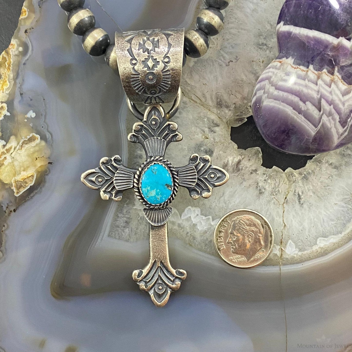 Kevin Billah Native American Sterling Turquoise Decorated Unisex Cross Pendant