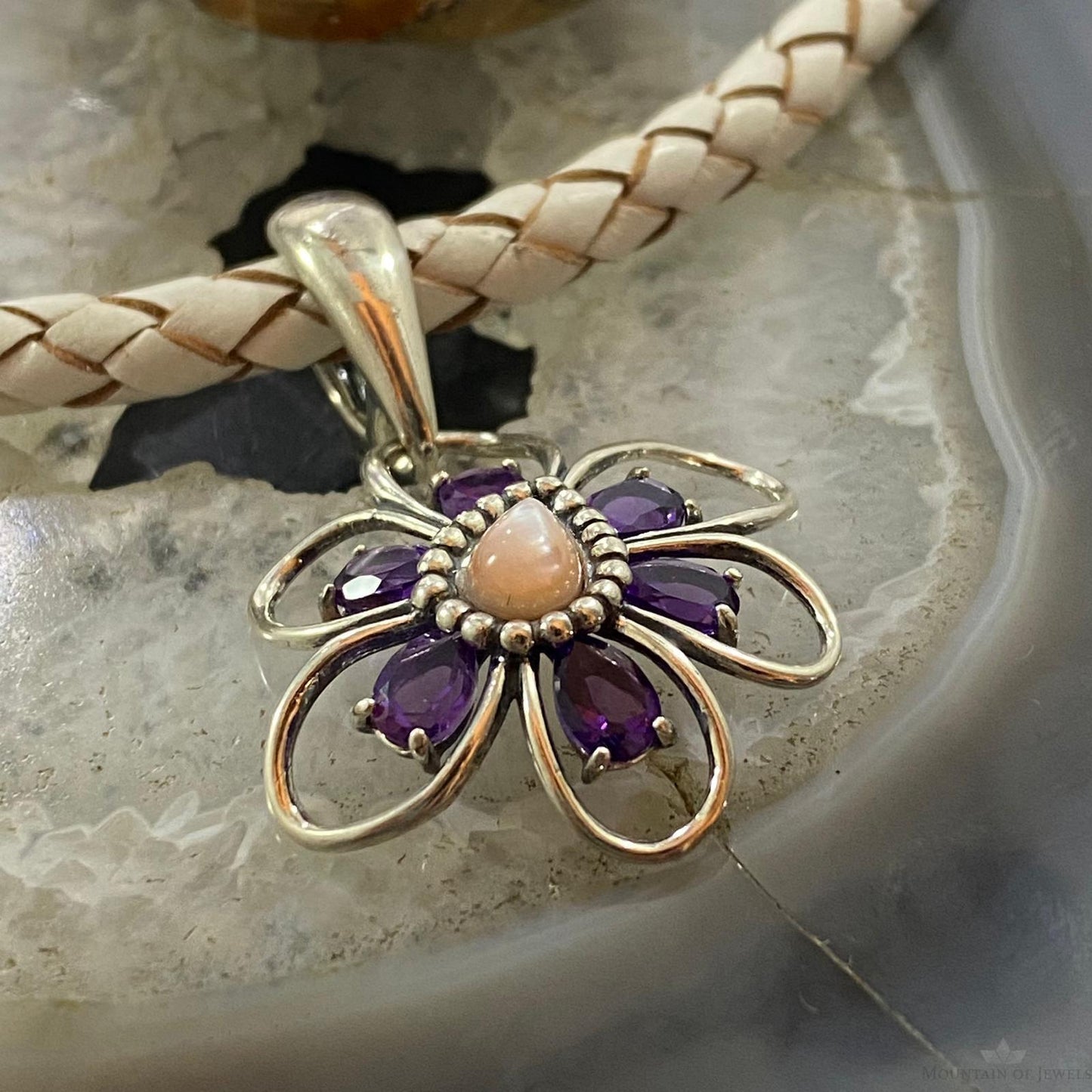Carolyn Pollack Southwestern Style Sterling Silver Pink Mother of Pearl & Amethyst Flower Pendant For Women
