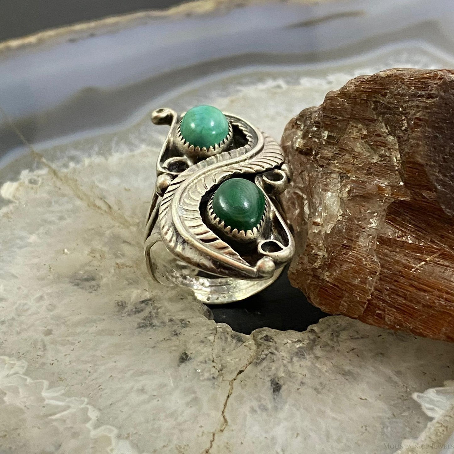 Vintage Native American Silver Turquoise & Malachite Decorated Ring Size 7.75 For Women