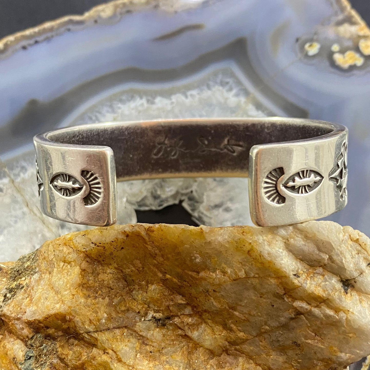 Vintage Signed Native American Sterling Silver Stamped Heavy Gauge Bracelet For Women
