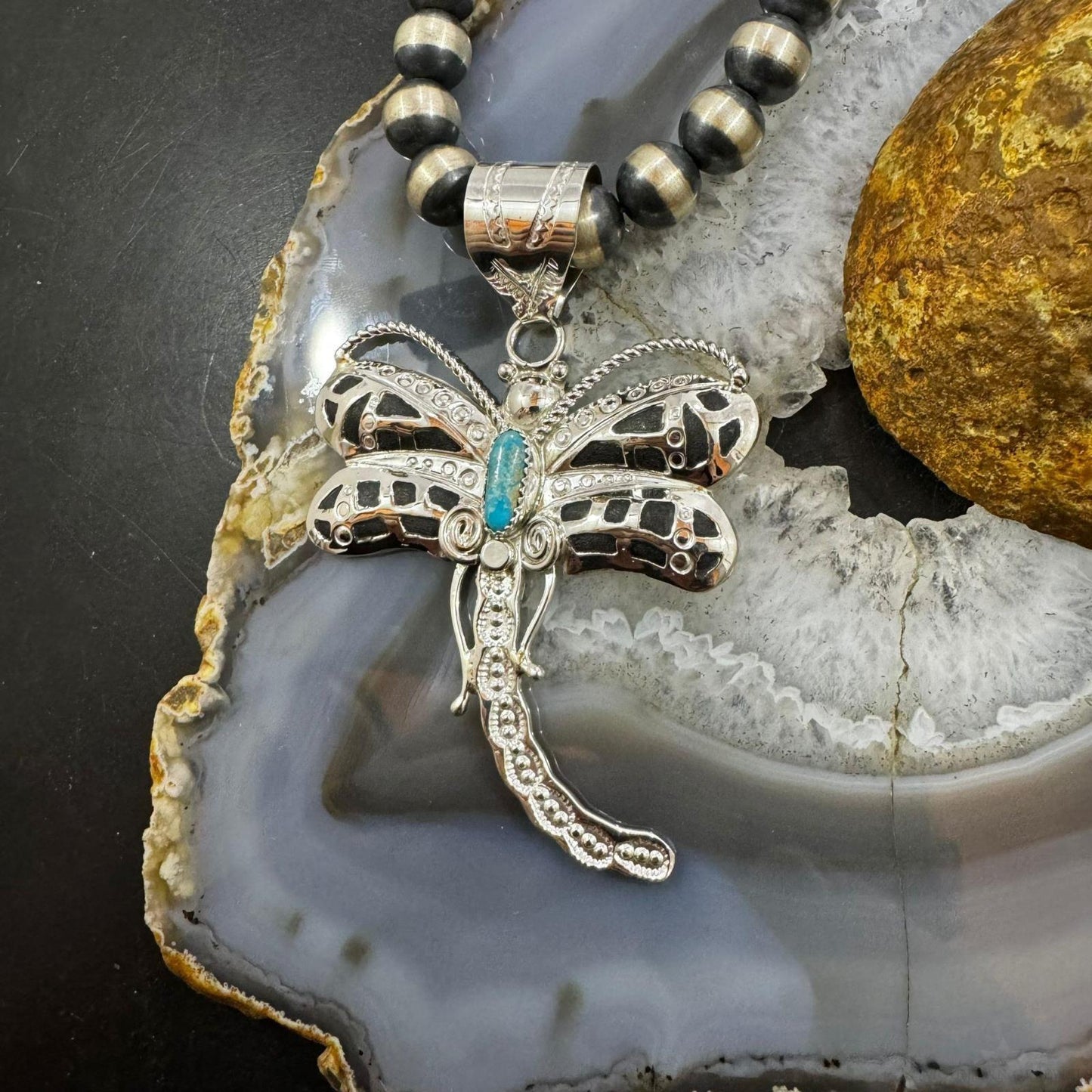 Alonzo Mariano Native American Sterling Silver Oval Turquoise Unisex Dragonfly Pendant