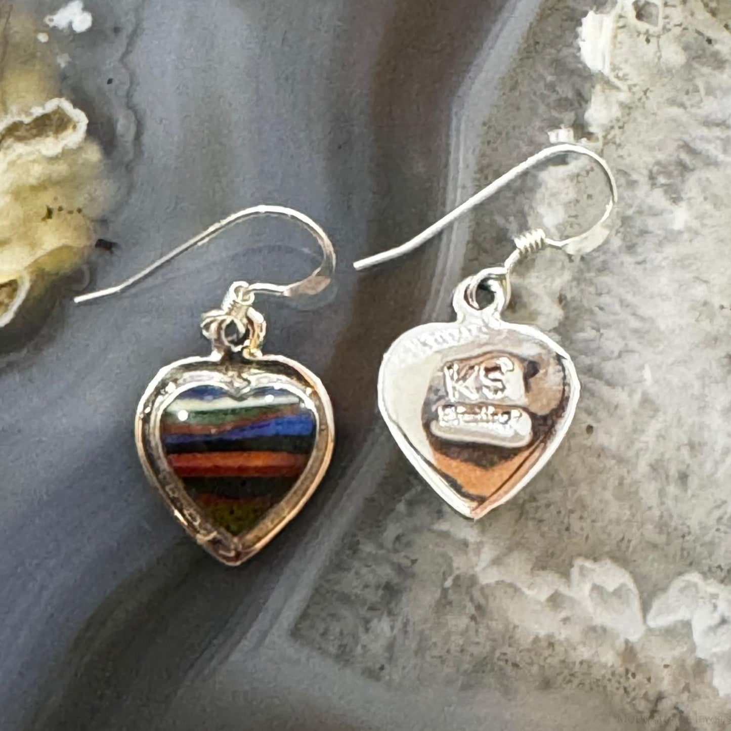 Native American Sterling Silver Rainbow Calsilica Heart Dangle Earrings For Women