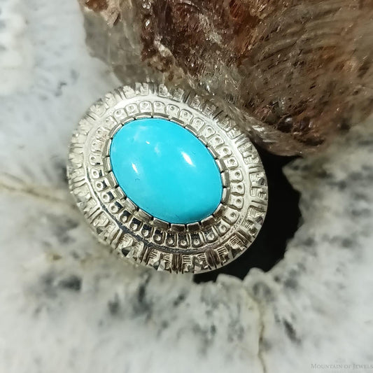 Carolyn Pollack Sterling Silver Oval Turquoise Decorated Ring Size 7.5 For Women