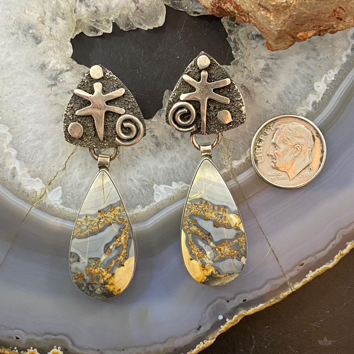 Alex Sanchez Native American Sterling Silver Teardrop Maligano Jasper Petroglyph Dangle Earrings For Women