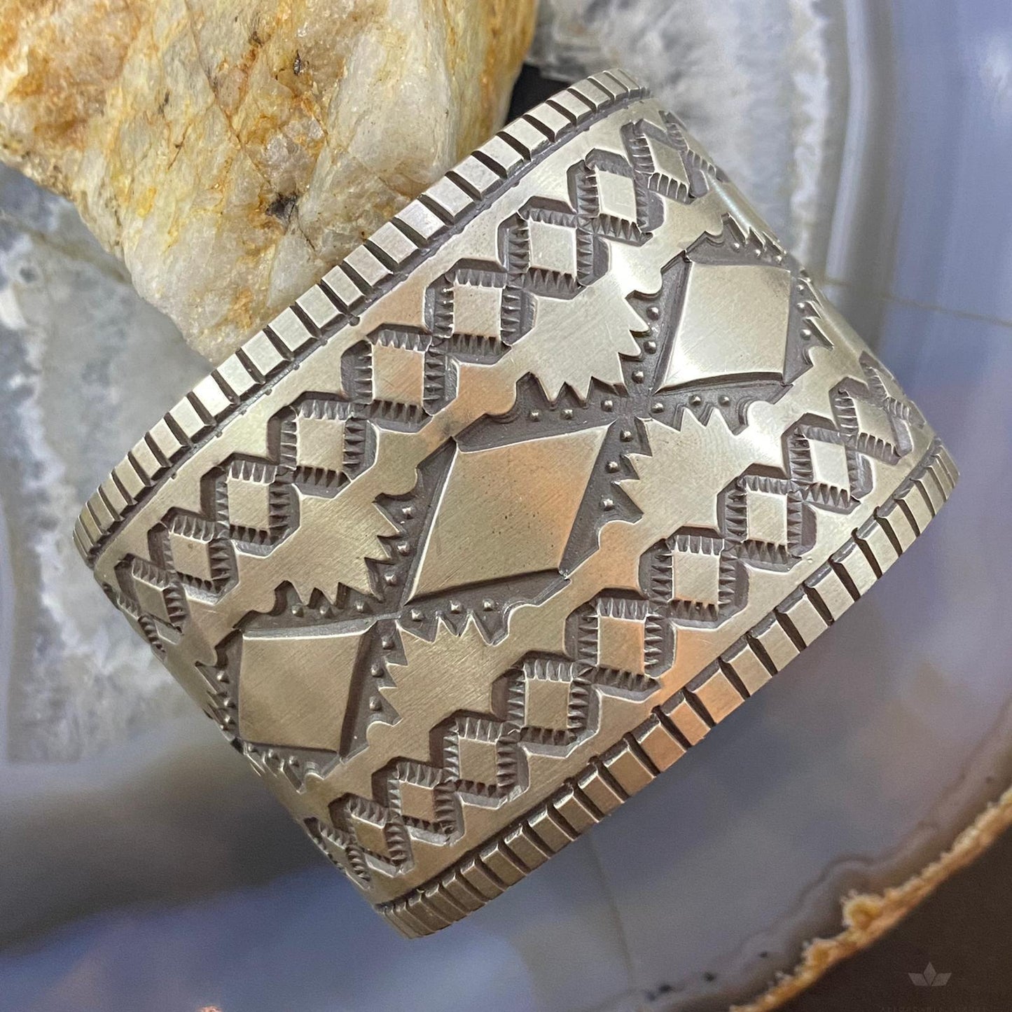 Jerrold Tahe Native American Sterling Silver Stamped Wide Bracelet For Women