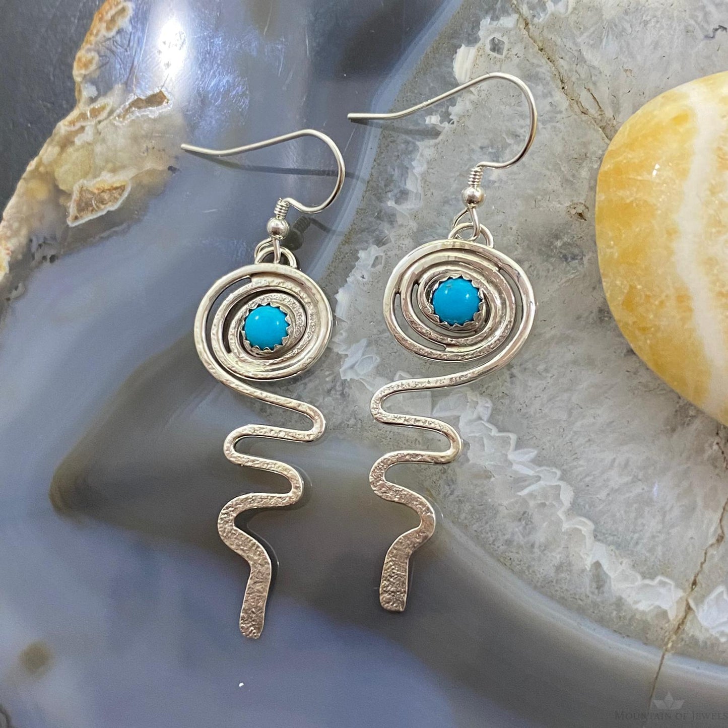 Brad Panteah Native American Sterling Silver Turquoise Spiral Dangle Earrings For Women