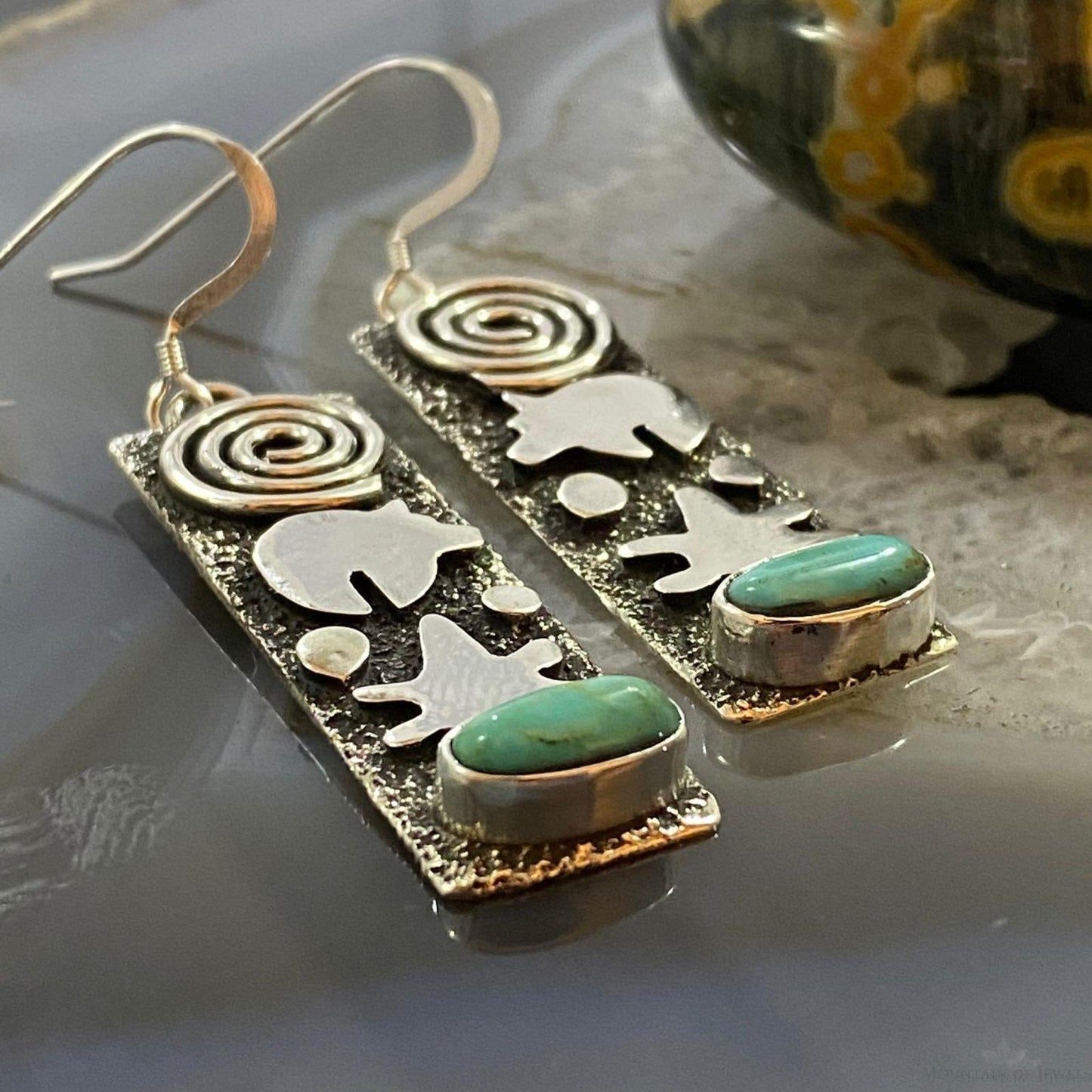 Alex Sanchez Native American Sterling Silver Turquoise Petroglyph Dangle Earrings For Women  #2