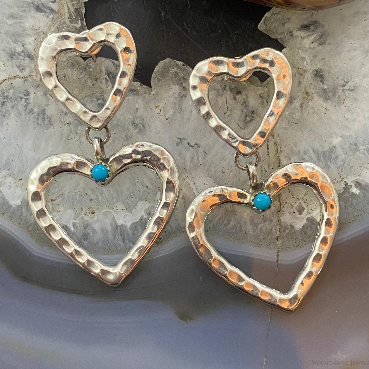 Native American Sterling Silver Turquoise Dot 2 Hearts Dangle Earrings For Women