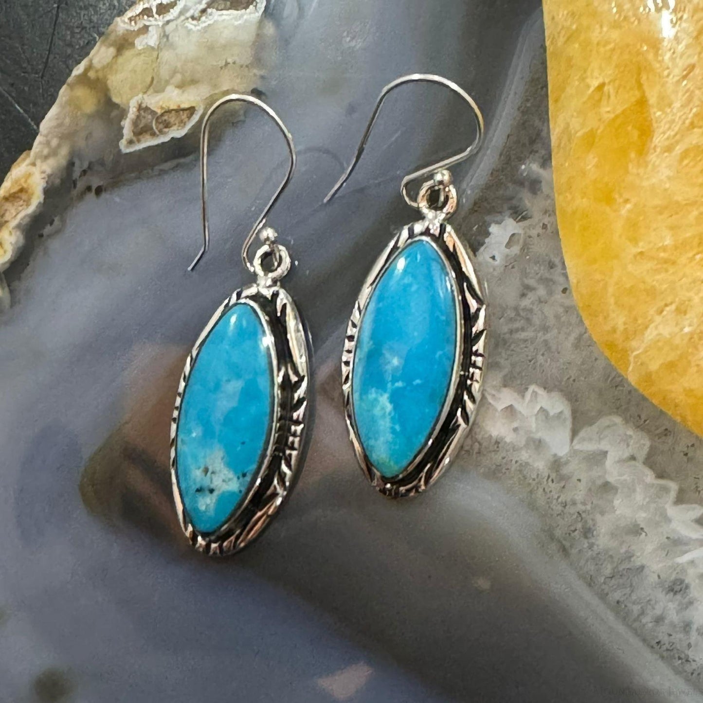 Native American Sterling Silver Marquise Kingman Turquoise Dangle Earrings For Women #1