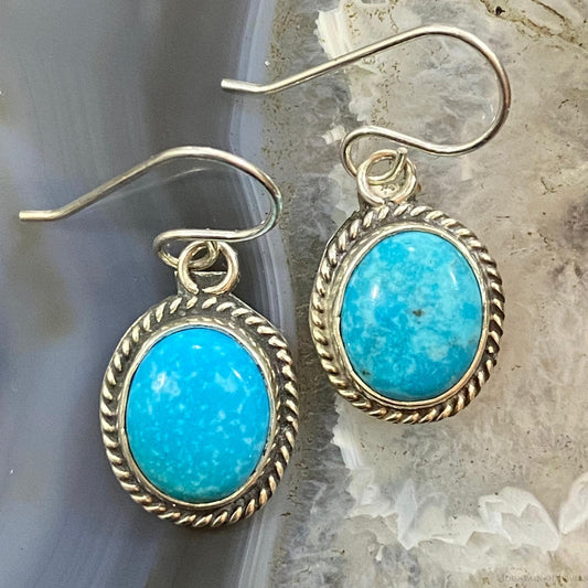 Vintage Native American Sterling Silver Oval Turquoise Decorated Dangle Earrings For Women