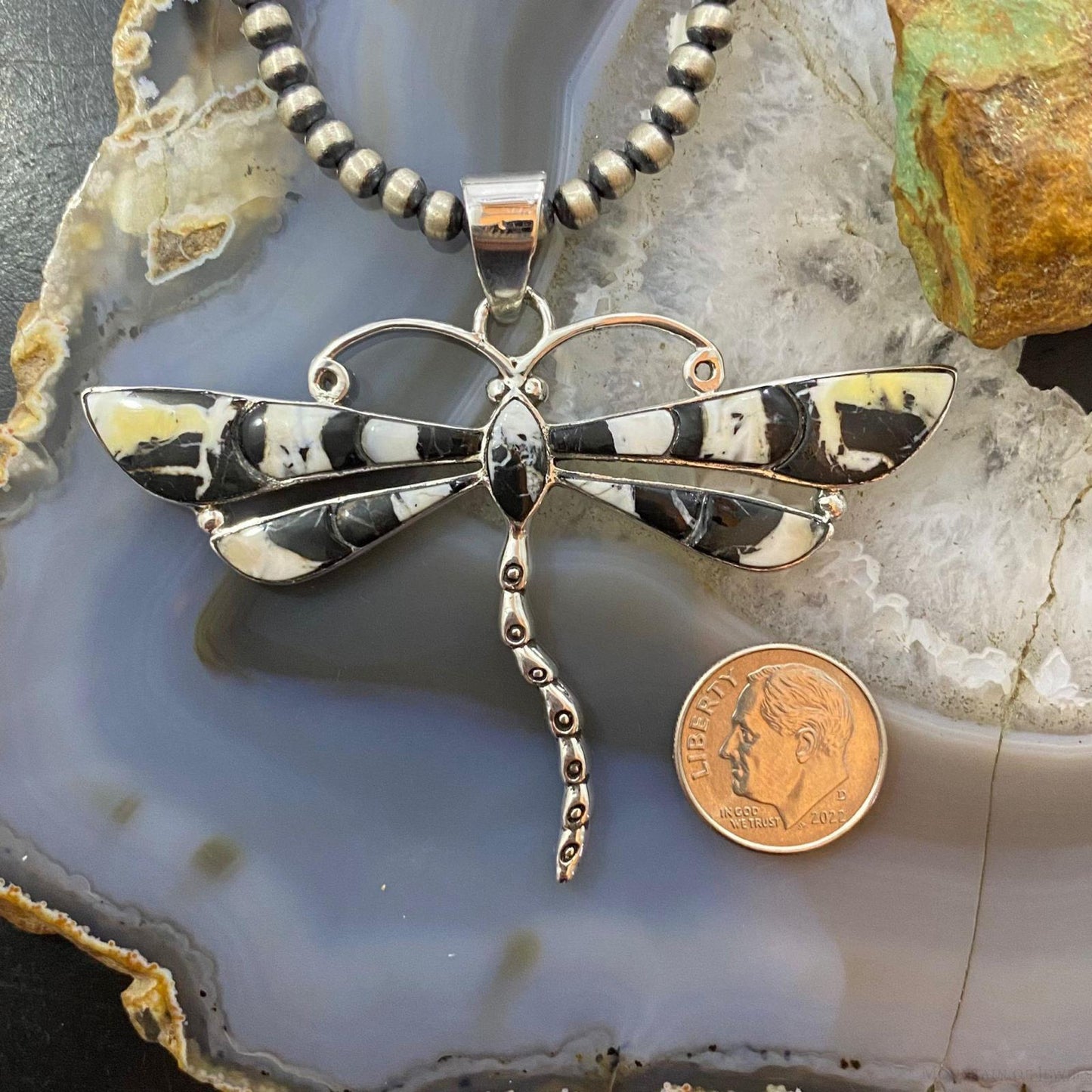 Native American Sterling Silver White Buffalo Inlay Large Unisex Dragonfly Pendant