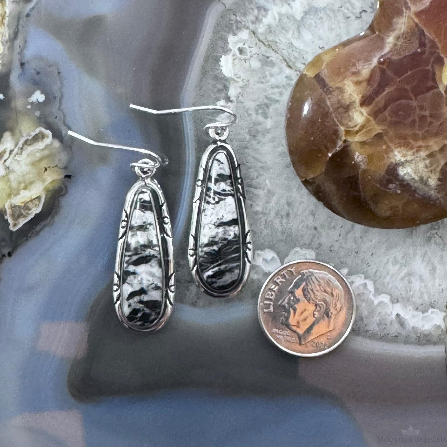Native American Sterling Silver Elongated Teardrop White Buffalo Dangle Earrings For Women