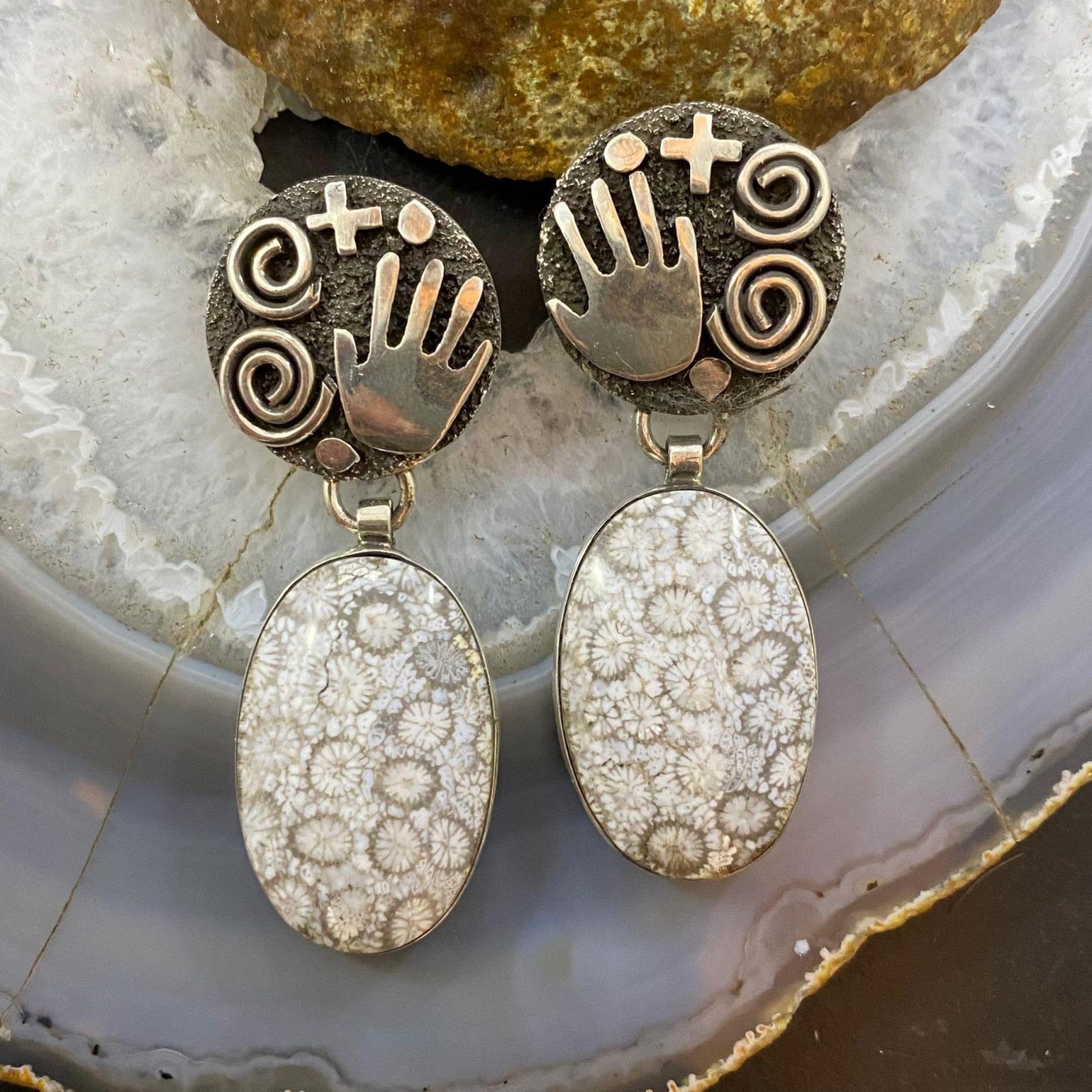 Alex Sanchez Native American Sterling Silver Oval Fossilized Coral Petroglyph Dangle Earrings For Women