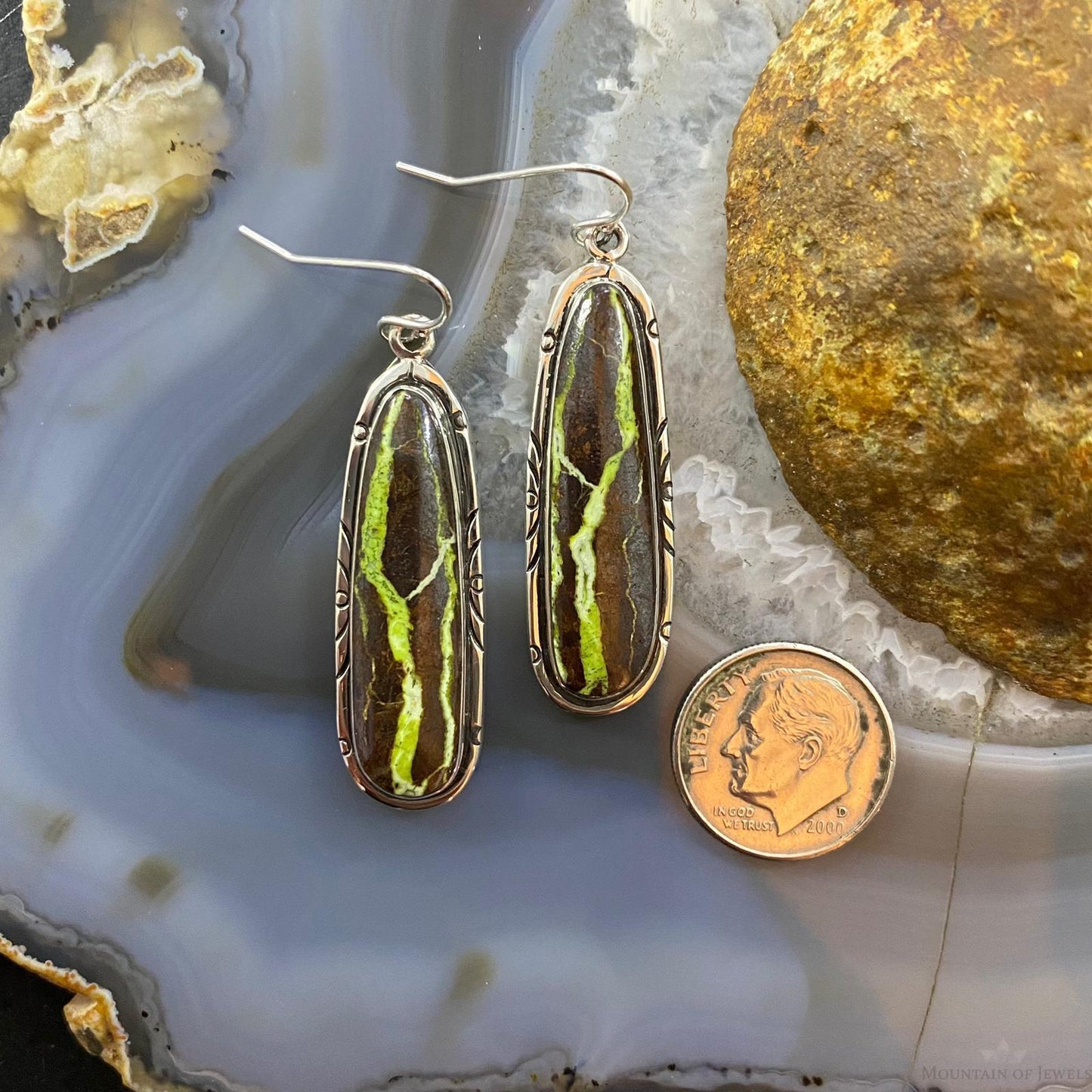 Native American Sterling Silver Long Oval Gaspeite Dangle Earrings For Women