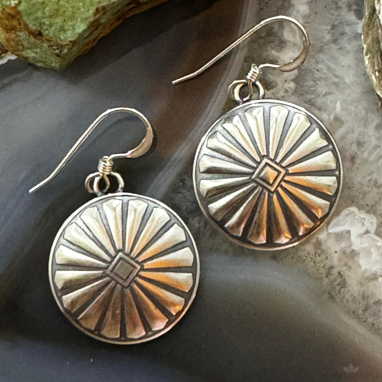 Native American Sterling Silver Sunburst Round Concho Stamped Dangle Earrings For Women