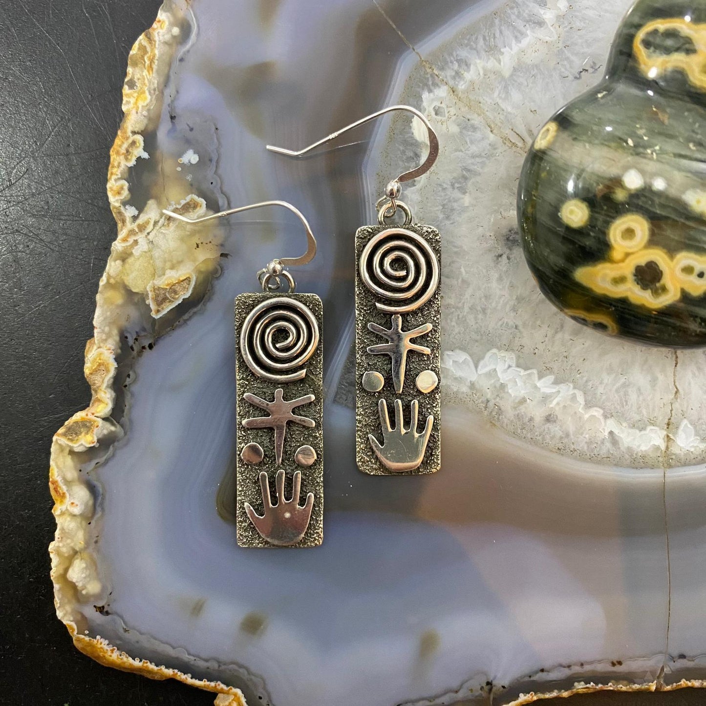 Alex Sanchez Native American Sterling Silver Rectangle Petroglyph Dangle Earrings For Women #6