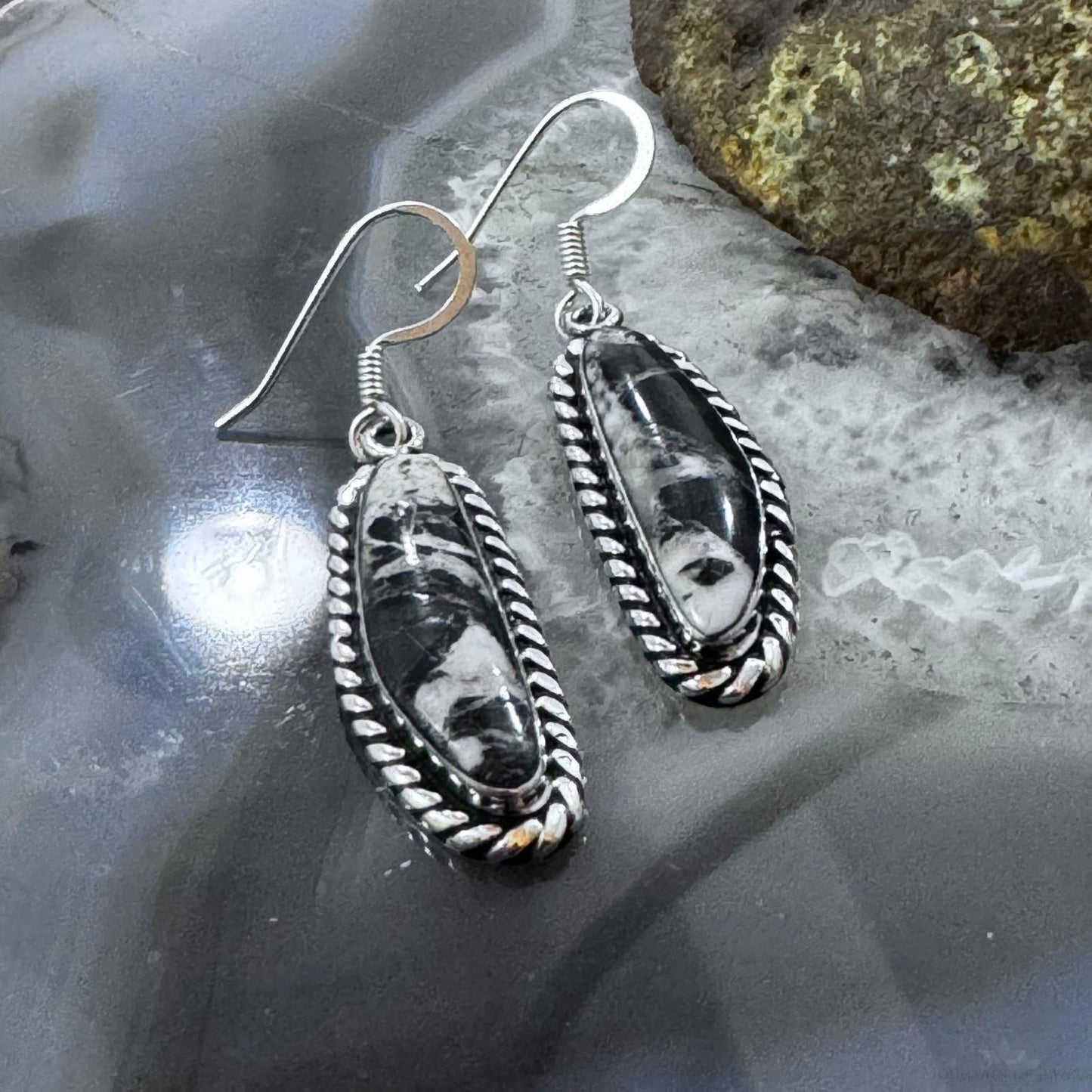 Native American Sterling Silver Natural Elongated White Buffalo Dangle Earrings For Women